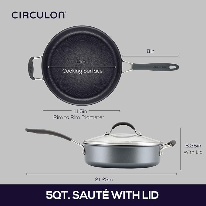 Circulon A1 Series with ScratchDefense Nonstick Induction Cookware, Large Saute Pan with Lid, Nonstick Pan, 5-Quart, Graphite