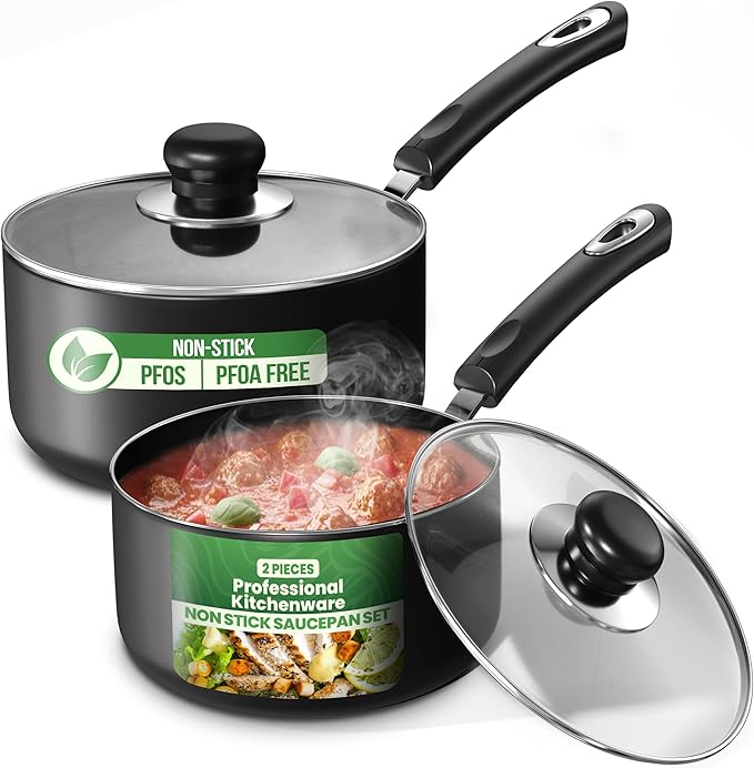 Utopia Kitchen Nonstick Saucepan Set, Cooking Pots with Lids, 1 Quart and 2 Quarts Multipurpose Kitchen Small Pots for Cooking Nonstick With Lids, 1 qt & 2 qt Set, Grey & Black