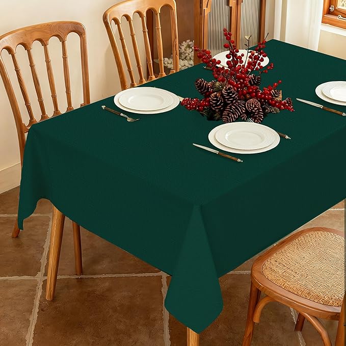 Green Textured Fabric Rectangle Tablecloth, Faux Linen Water Resistant Rectangular Table Cloth, Washable for Dinig Party Holiday Decoration, 60 x 102 Inch