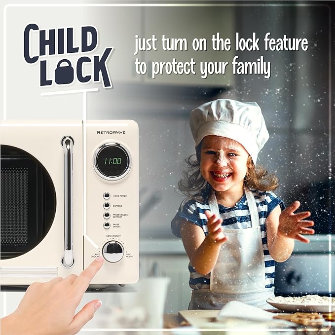 Nostalgia Retro Compact Countertop Microwave Oven - 0.7 Cu. Ft. - 700-Watts with LED Digital Display - Child Lock - Easy Clean Interior - Ivory