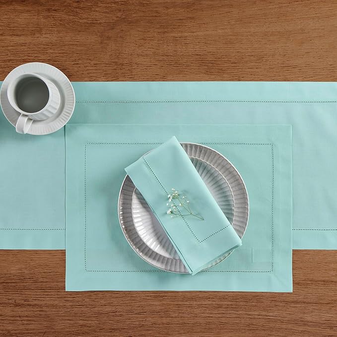 Solino Home Cotton Linen Napkins Set of 4 - Hemstitch Pastel Turquoise Dinner Napkins Cloth 20 x 20 Inch - Handcrafted and Machine Washable