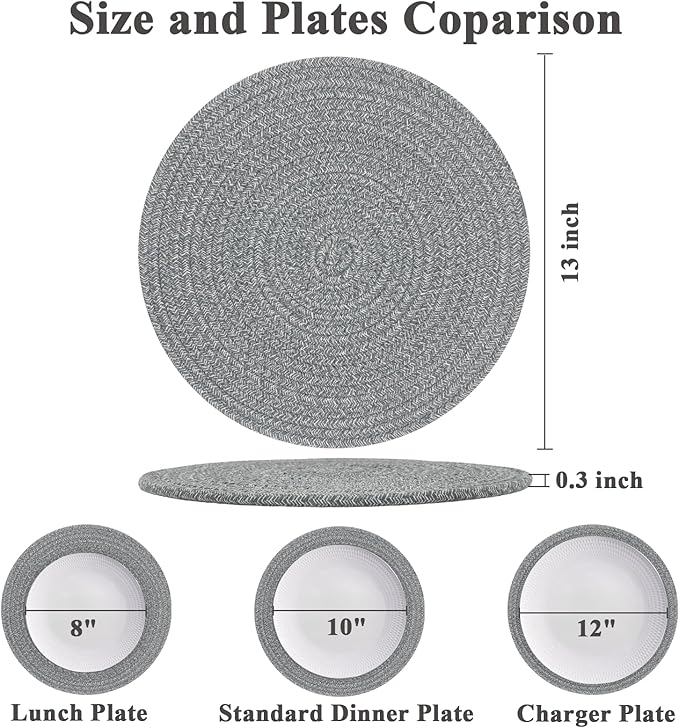 Round Placemats Set of 6, Cotton Rope Woven Table Mats, Hot Pads for Kitchen, Non Slip Heat Resistant Place Mats, 13 Inches Braided Placemat for Farmhouse Decor and Kitchen Table Decor (Gray)