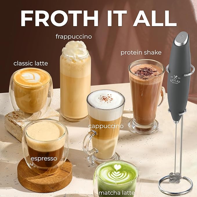 Zulay Kitchen Patented Tornado Triple Whisk Milk Frother with 4 Duracell Batteries – Handheld Foam Maker for Coffee, Lattes, Matcha & Hot Chocolate – Rich, Creamy Froth in Seconds - Onyx Gray