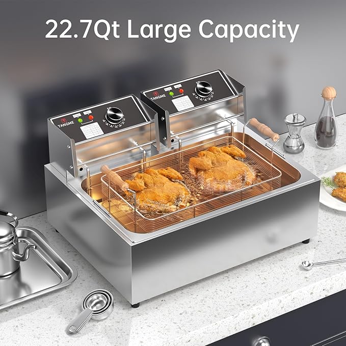 TANGME Commercial Deep Fryer, 3400w Electric Countertop Fryer with 3 Baskets, 22L/23.25Qt 1mm Thickened Stainless Steel Oil Fryer with Temperature Limiter for Restaurant, UL Certified