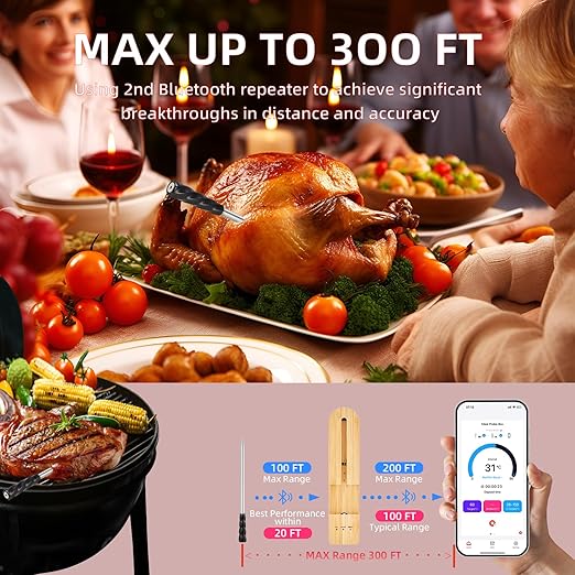 Wireless Smart Meat Thermometer with Bluetooth | Long Range | Measures Internal & Ambient Temp | for BBQ, Oven, Grill, Kitchen, Smoker, Rotisserie