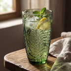 16 oz Green Fern-Embossed Tumblers – Set of 8 Drinking Glasses, Artisanal-Style Vintage Textured Glassware for Water, Sparkling Drinks, Lemonade & Mocktails – Retro Boho Kitchen & Home Table Decor