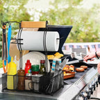 FANGSUN Grill Caddy, BBQ Caddy with Paper Towel Holder, Picnic Condiment Utensil Caddy for Outdoor Camping, Barbecue Accessories Storage Organizer for Griddle Grilling Tools, RV Patio Camper Must-Have