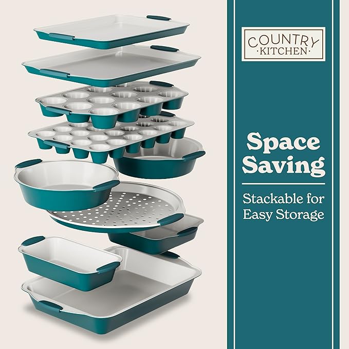 Country Kitchen Nonstick Stackable Bakeware Set - Heavy Duty, Durable, Easy Release Baking Set, Sage, 10 Pcs