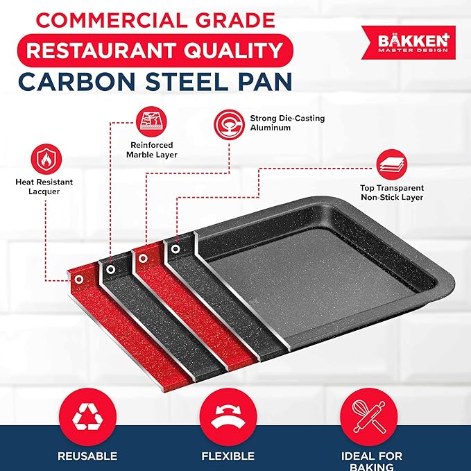 BAKKEN Kitchen Baking Pans - Nonstick Gray Coating, 13.18’’ × 8.66’’ Commercial Grade Carbon Steel Cookie Sheet, Baking Kitchen Essentials, PFOA, PFOS, PTFE Free, Oven Safe Tray (450° F), Gray