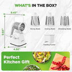NutriChef 3 in 1 Cheese Grater & Shredder | Strong Suction Base, Rotary Handle with Safety Lock | Includes Hand Crank & 3 Drum Blades for 3 Textures, Fine, Medium & Strips | White