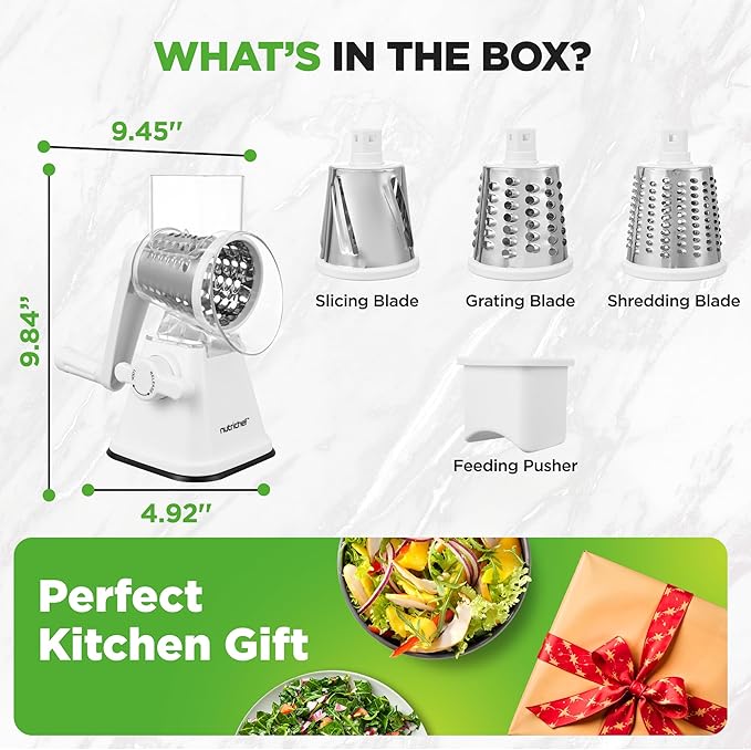 NutriChef 3 in 1 Cheese Grater & Shredder | Strong Suction Base, Rotary Handle with Safety Lock | Includes Hand Crank & 3 Drum Blades for 3 Textures, Fine, Medium & Strips | White