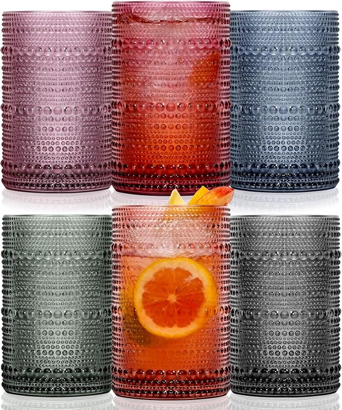 GGOLDMER Colored Hobnail Drinking Glasses Set of 6, 12oz Vintage Kitchen Glassware, Embossed Design Water Glasses, Glass Cups, Water Tumbler for Beer, Juice, Cocktail, Whiskey, Milk