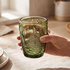 Vintage Green Drinking Glasses Set of 8, Mixed 10 oz & 12 oz Hand-Pressed Textured Glass Cups, Fern Embossed Retro Colored Glassware, Decorative Tumblers for Water & Cocktails, Boho Drinkware Gift Set