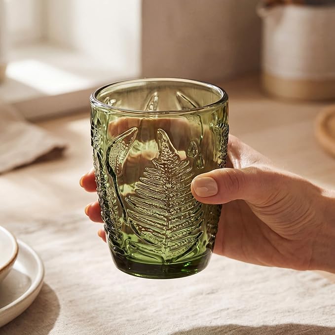 Vintage Green Drinking Glasses Set of 8, Mixed 10 oz & 12 oz Hand-Pressed Textured Glass Cups, Fern Embossed Retro Colored Glassware, Decorative Tumblers for Water & Cocktails, Boho Drinkware Gift Set