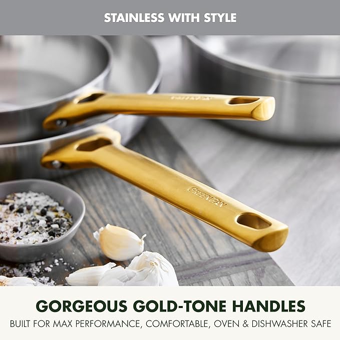 GreenPan Stainless Steel Tri-Ply Reserve 10 Piece Cookware Pots and Pans Set, Multiclad, Induction, Oven & Broiler Safe to 600°F, Heat Responsive Core, Dishwasher Safe, Glass Lids