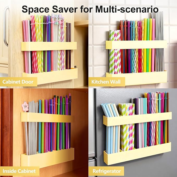 9.5” Large Acrylic Straw Holder for Cabinet Door, Reusable Adjustable Two-Part Straws Organizer with Ultra Sticky Adhesive Strips, 2026 Straw Storage for Kitchen Cupboard (Milky Yellow)