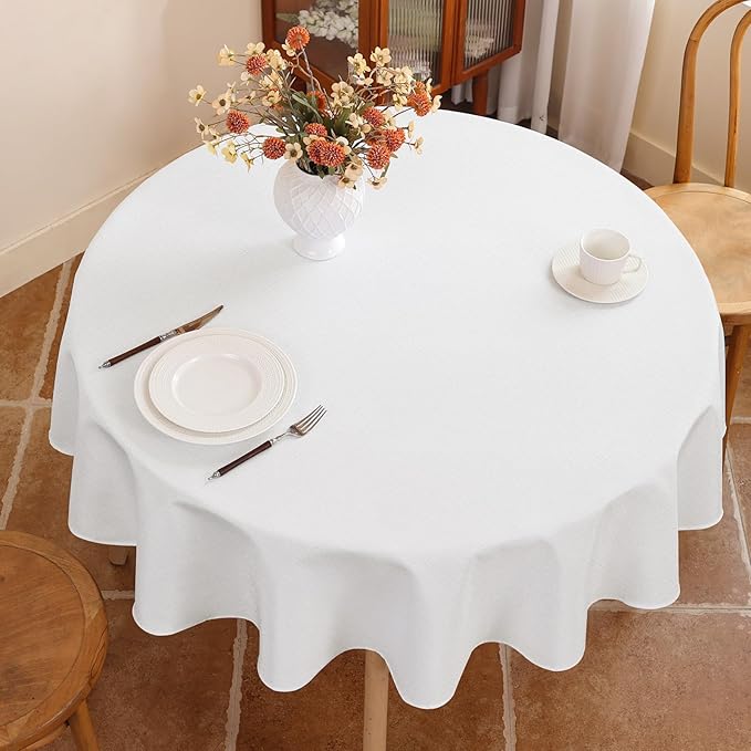 Fabric 60 Inch Round White Table Cloth, Faux Linen Textured Water Resistant & Wipeable Circle Tablecloth, Reusable for Dinning Kitchen Patio