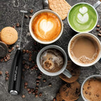 SIMPLETASTE Milk Frother Handheld Electric Foam Maker, Drink Mixer with Stainless Steel Whisk for Cappuccino, Bulletproof Coffee, Latte, Black, with Stand, Battery Operated