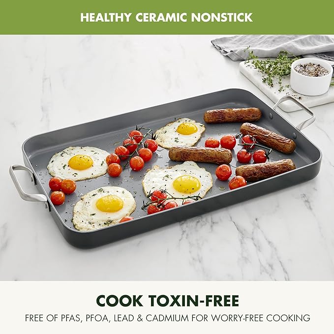 GreenPan Valencia Pro Ceramic Nonstick 18" x 11" Double Burner Griddle Pan, Hard Anodized PFAS-Free, Induction Ready Cookware, Compatible on All Cooktops, Dishwasher Safe, Oven Safe to 600F, Gray