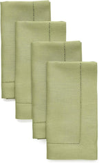 Solino Home Linen Napkins Set of 4 - Classic Hemstitch 100% Pure Linen Moss Green Dinner Napkins Cloth 20 x 20 Inch for Winter - Handcrafted and Machine Washable