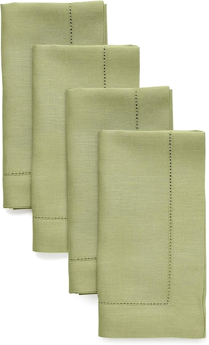 Solino Home Linen Napkins Set of 4 - Classic Hemstitch 100% Pure Linen Moss Green Dinner Napkins Cloth 20 x 20 Inch for Winter - Handcrafted and Machine Washable