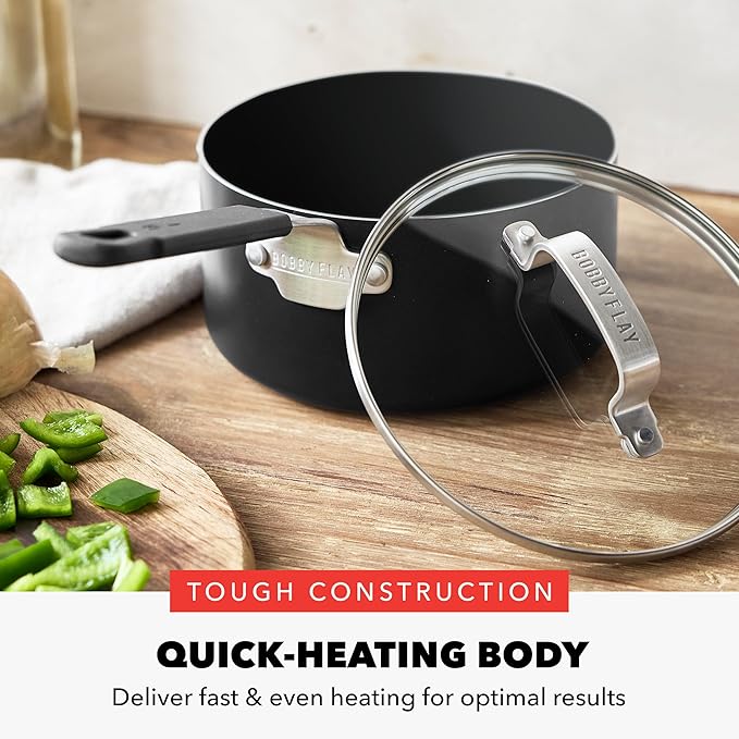 GreenPan x Bobby Flay 2.5QT Nonstick Saucepan with Glass Lid, PFAS-Free Diamond Ceramic, Induction Suitable, Stay-Cool Silicone Handle, Easy Clean Dishwasher & Oven Safe, Chef Pan, Black