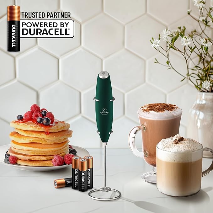 Zulay Kitchen Powerful Milk Frother Wand With 4 AA Duracell Batteries - Ultra Fast Handheld Drink Mixer - Electric Whisk Foam Maker for Coffee, Lattes, Cappuccino, Matcha & Creamer - Dark Green