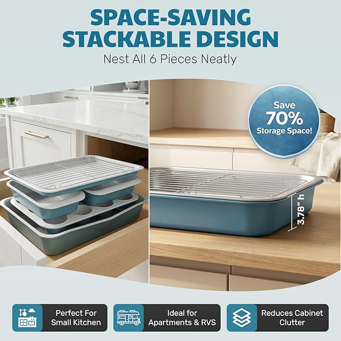 Gotham Steel 6 Pc Stackable Baking Pans Set, 70% Space Saving Design, Ceramic Bakeware Sets Non Toxic Made Without PFOA PFOS, with Baking Sheet Tray, Cake & Muffin Pans, Oven & Dishwasher Safe