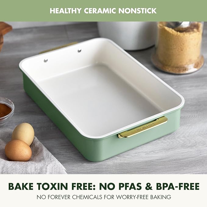 GreenPan Bakeware 13” x 9” Rectangular Cake Pan, Ceramic Nonstick Baking Pan, PFAS & BPA Free, Gold Handles, Durable Steel, Freezer to Oven Dish, Scratch Resistant, Bake & Roast Ovenware, Sage Green