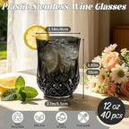 40 Pack Plastic Stemless Wine Glasses,12oz Unbreakable Vintage Elegant Drinking Glass Set,Reusable Fancy Cocktail Cups for Party, Wedding, and Bulk Events (40, 12oz-Black)