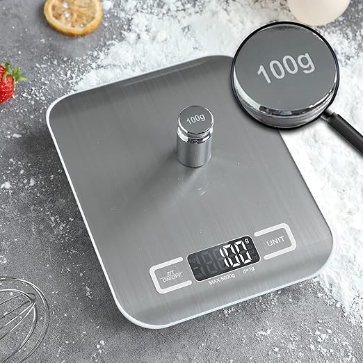 Digital Kitchen Scale,Food Scale for Meat Baking Weight,Unit Gram OZ lb Up 11 lb(1g-5KG),Silver Stainless Steel Anti-Fingerprint with Accuracy LCD Display for Cooking White(Include AAA Battery)