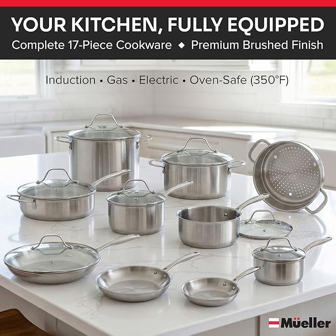 Mueller 17-Piece Stainless Steel Pots and Pans Set – Tri-Ply Ultra-Clad Pro Cookware Set, Induction Ready, Oven Safe, Even-Heat Aluminum Core, Includes Skillets, Saucepans, Dutch Oven, Stockpot