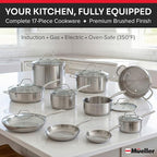 Mueller 17-Piece Stainless Steel Pots and Pans Set – Tri-Ply Ultra-Clad Pro Cookware Set, Induction Ready, Oven Safe, Even-Heat Aluminum Core, Includes Skillets, Saucepans, Dutch Oven, Stockpot