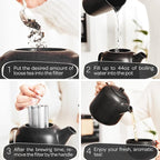 Steinzeit Design Tea Pot with Warmer (44 oz) - Premium Ceramic Teapot with Infuser for Loose Tea - Black Teapot Ceramic with Removable Steamer