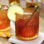 Vintage Amber Drinking Glasses Set of 6 by Kate Aspen - 10 oz Ribbed Glassware for Drinking Water, Juice, Cocktail Glasses - Ribbed Glass Cups Set, Iced Coffee Cup, Kitchen Drinkware or Home Bar