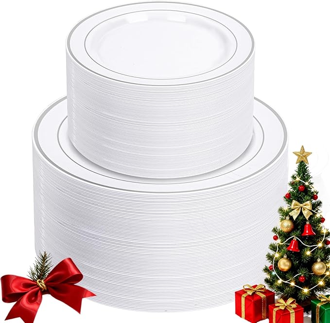 NOCCUR 200PCS Silver Plastic Plates Disposable for 100 Guests - Include 100 Dinner / 100 Dessert Plates Heavy Duty - Ideal for Party/Wedding/Christmas