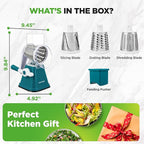 NutriChef 3 in 1 Cheese Grater & Shredder | Strong Suction Base, Rotary Handle with Safety Lock | Includes Hand Crank & 3 Drum Blades for 3 Textures, Fine, Medium & Strips | Green