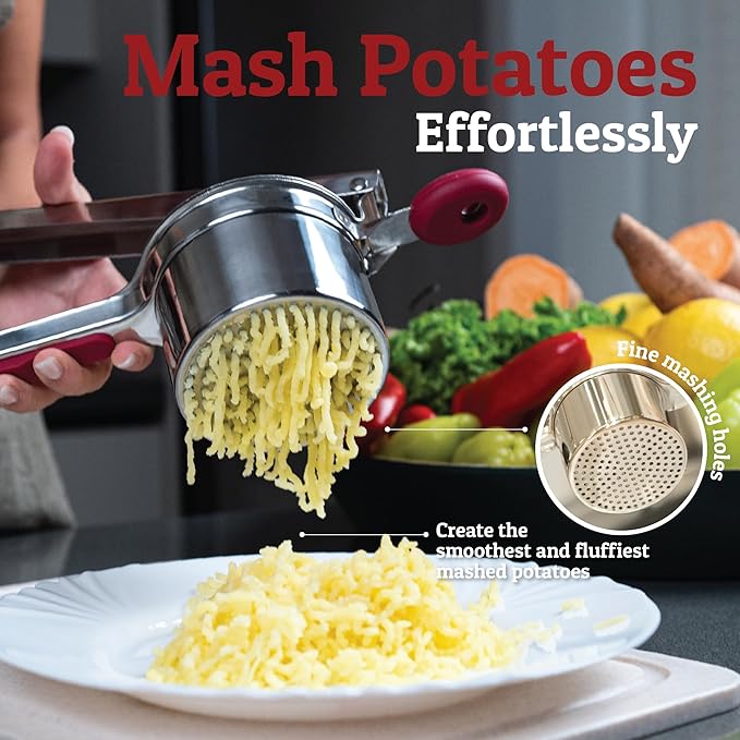 PriorityChef Large 15oz Potato Ricer, Heavy Duty Stainless Steel Potato Masher and Ricer Kitchen Tool, Press and Mash Kitchen Gadget For Perfect Mashed Potatoes - Everytime, Red