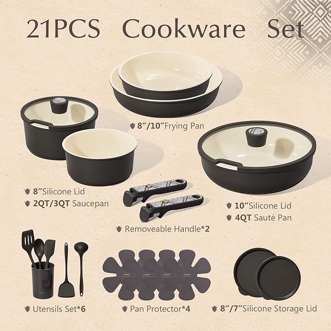 CAROTE 21-Piece Ceramic Cookware Set, Nonstick Pots and Pans Set with Detachable Handle, Non-Toxic Kitchen Cooking Set, Induction Compatible, Dishwasher & Oven Safe, Charcoal