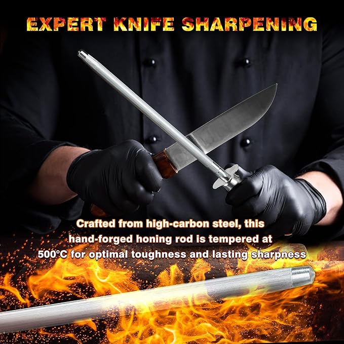 Knife Sharpener Rod, Kitchen Knives Sharpener Carbon Steel Professional Knife Sharpening Steel, Honing Rod with Hanging Holes (13 inches), A