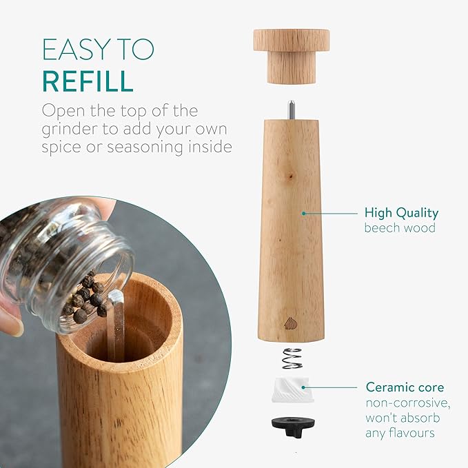 Navaris Salt and Pepper Mill Set - Adjustable Rubber Wood Salt and Pepper Grinders Shakers with Ceramic Grinding Core for Home, Restaurants - Design 1