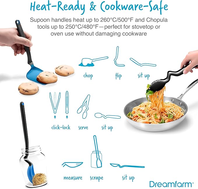 Dreamfarm Cooking Utensil Set (Classic Blue) – Tongs with Lock, Measuring Scraper Spoon, Jar Scraper, Multipurpose Spatula, Mini Turner – Non‑Stick Safe Nylon & Silicone Tools for Cooking & Baking