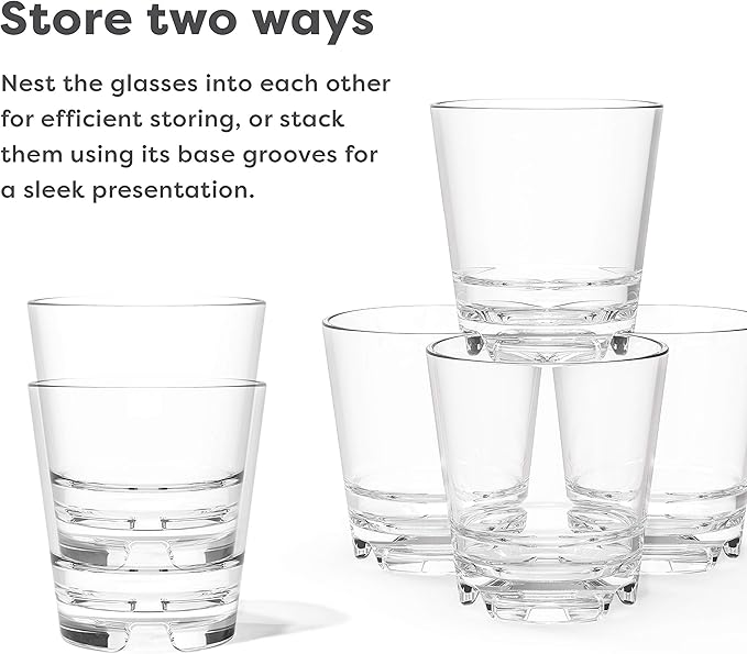TOSSWARE RESERVE 8oz Stacking Rocks, SET OF 24, Premium Quality, Tritan Dishwasher Safe & Heat Resistant Unbreakable Plastic Whiskey Glasses, Clear