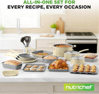 NutriChef 20-Piece Non-Stick Bakeware and Cookware Set - Utensils Including Pots and Baking Pans Made with Durable Aluminum, Tempered Glass Lids, Heat-Resistant Utensils, Easy-Clean Design (White)