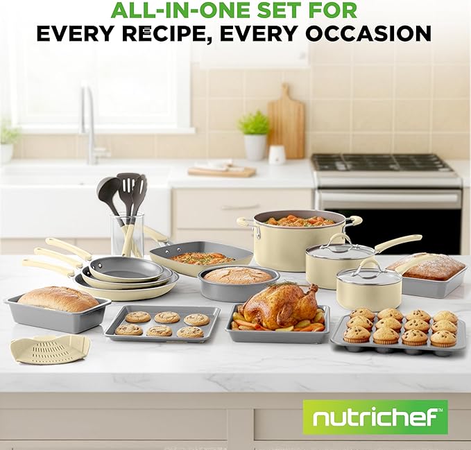 NutriChef 20-Piece Non-Stick Bakeware and Cookware Set - Utensils Including Pots and Baking Pans Made with Durable Aluminum, Tempered Glass Lids, Heat-Resistant Utensils, Easy-Clean Design (White)