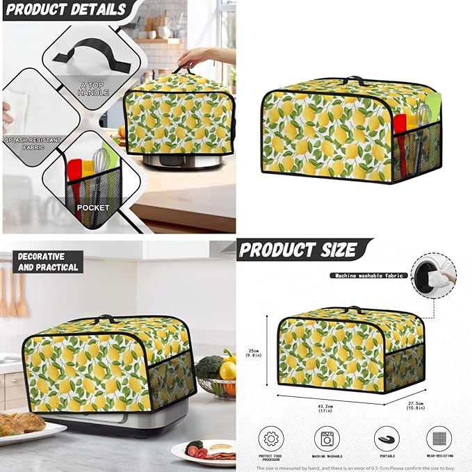 Lemon Kitchen Appliance Cover Set Waffles Maker Oven Dust Food Processor Hood Lightweight Slow Cooker Dust Covers with Side Pockets 3PCS