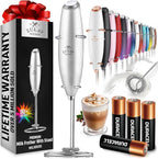 Zulay Kitchen Powerful Milk Frother Wand With 4 AA Duracell Batteries - Ultra Fast Handheld Drink Mixer - Electric Whisk Foam Maker for Coffee, Lattes, Cappuccino, Matcha & Creamer - Premium Silver