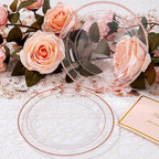 bUCLA 100PCS Clear Rose Gold Plastic Plates Disposable - Heavy Duty 6.25 Inch Clear Plastic Dessert Plates with Rose Gold Trim - Ideal for Party, Wedding & Mother’s Day