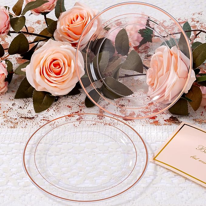 bUCLA 100PCS Clear Rose Gold Plastic Plates Disposable - Heavy Duty 6.25 Inch Clear Plastic Dessert Plates with Rose Gold Trim - Ideal for Party, Wedding & Mother’s Day