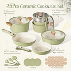 CAROTE 25-Piece Ceramic Cookware Set, Nonstick Pots and Pans Set with Detachable Handle, Non-Toxic Kitchen Cooking Set, Dishwasher & Oven Safe, Induction Compatible, PFAS Free, Green